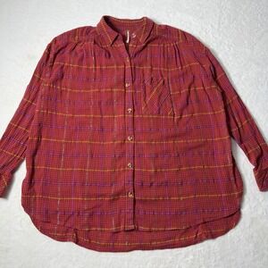 Free People Red Plaid Long Sleeve Shirt Size M Break My Stride Metallic Tunic